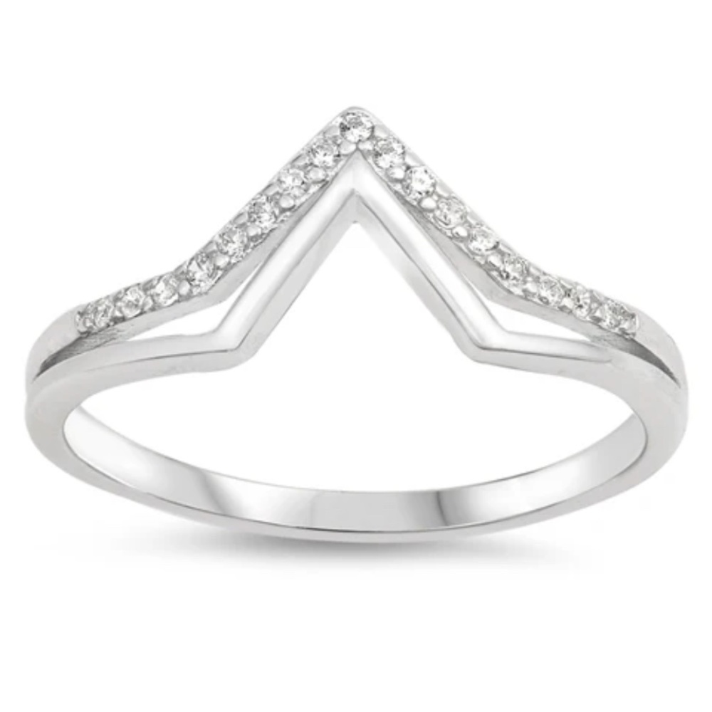 Sterling Silver CZ Ring – V Shape Split Band (Size 8)